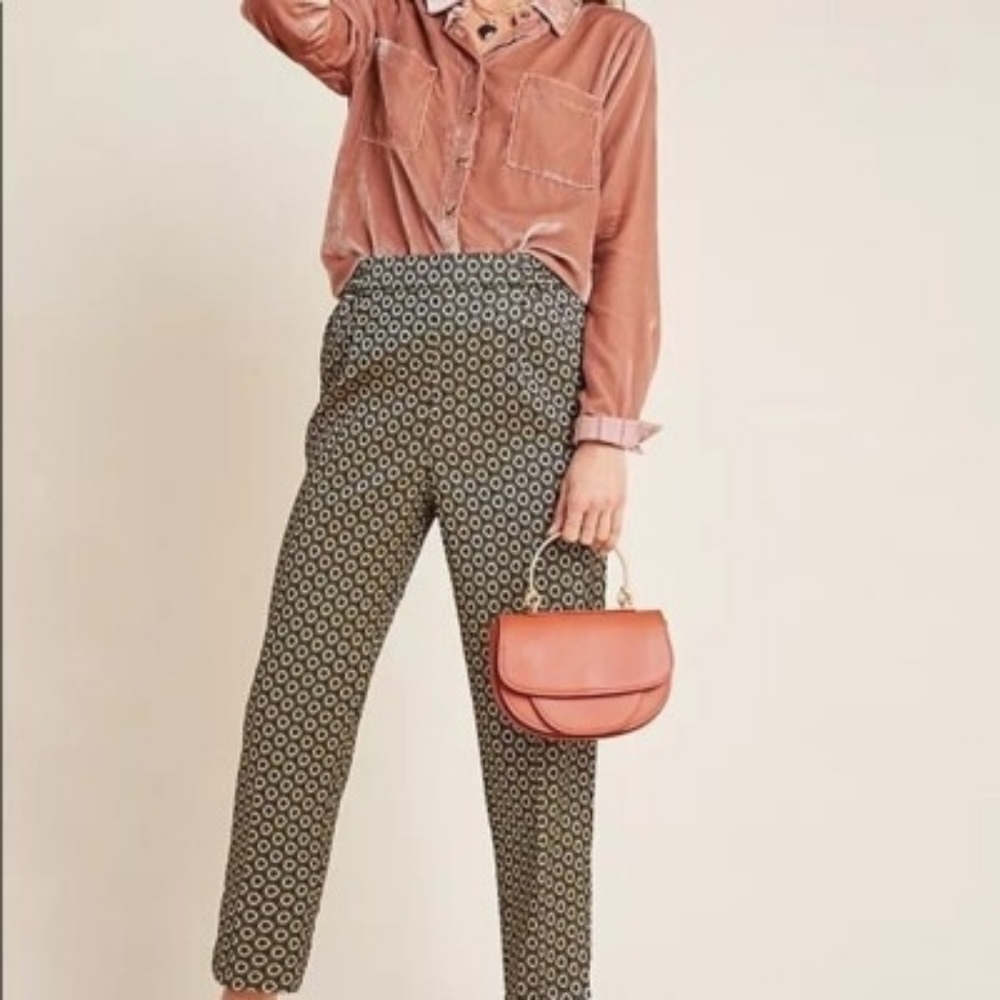 Anthropologie The Larkin Gold Jacquard Cropped Trousers In S